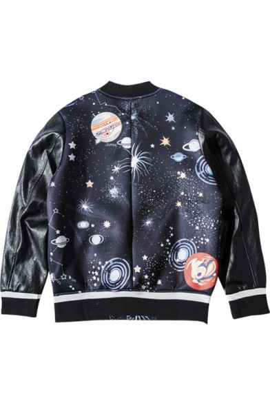 Single Breasted PU Patchwork Sleeve Universe Galaxy Print Jacket ...