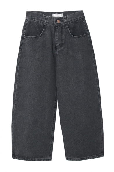 Black High Waist Wide Leg Loose Plain Zipper Fly Jeans