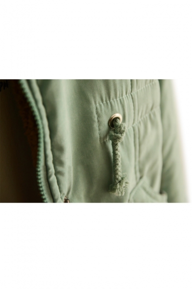 Fur Hooded Velvet Lining Zipper Drawstring Long Padded Coat