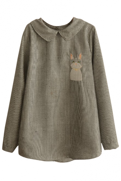 Lapel Houndstooth Cute Cat Embroidery Loose Blouse