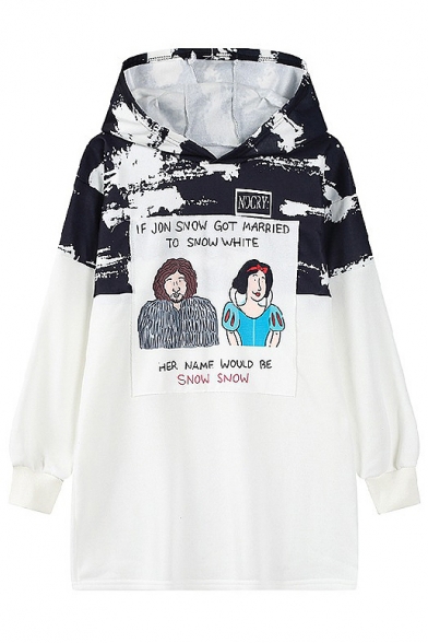 Letter & Cartoon Print Hooded Long Color Block Sweatshirt