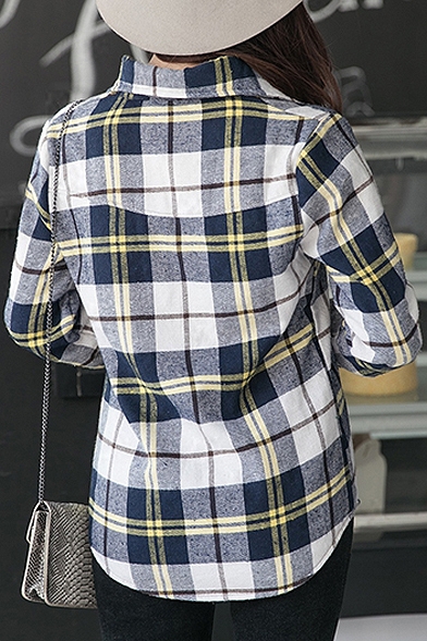 Plaid Long Sleeve Velvet Plus Lapel Pocket Detail Shirt