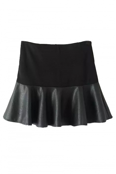Plain High Waist Zip Back PU Patchwork Ruffle Hem Mini Skirt