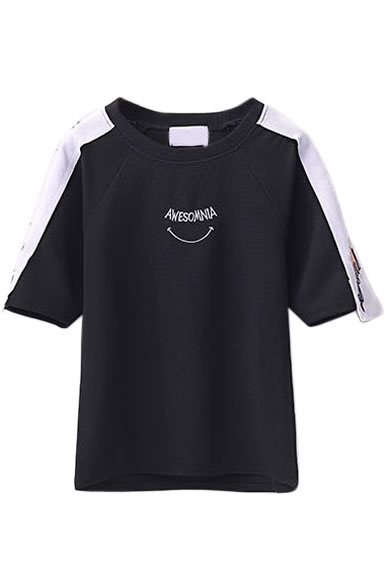 Round Neck Color Block Patchwork Letter Embroidery Tee