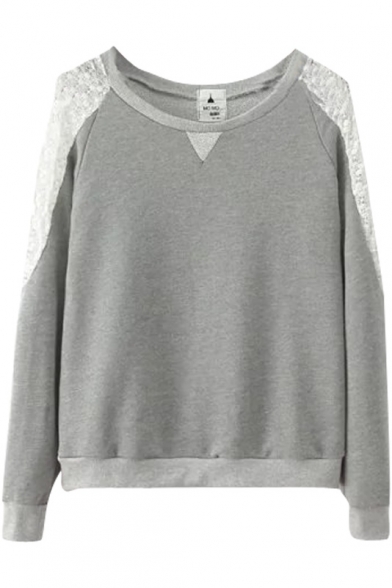 Round Neck Lace Patchwork Long Sleeve Pullover Sweatshirt