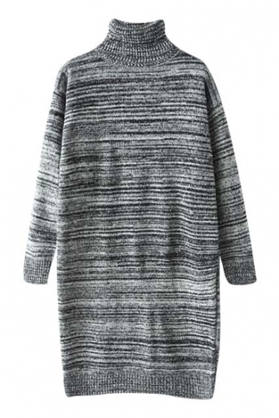 Stripes Long Sleeve Turtleneck Shift Midi Knit Dress
