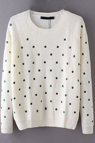 White Polka Dot Embroidery Sequined Long Sleeve Sweater