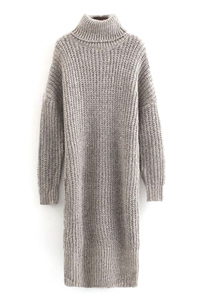 Chunky Knit Turtleneck Plain Ruffle Hem Long Sweater