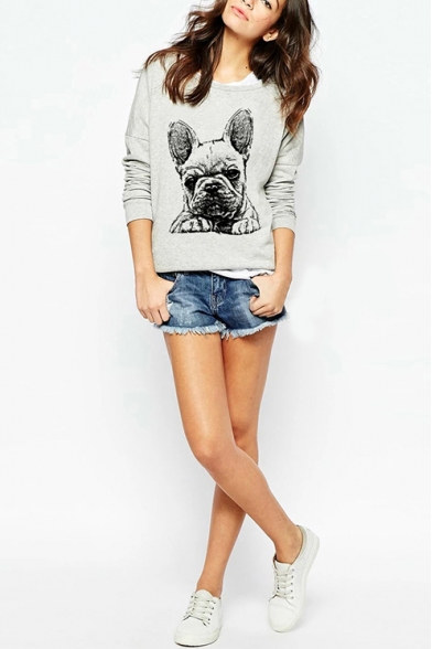 Cute Bulldog Print Round Neck Long Sleeve Gray Sweatshirt