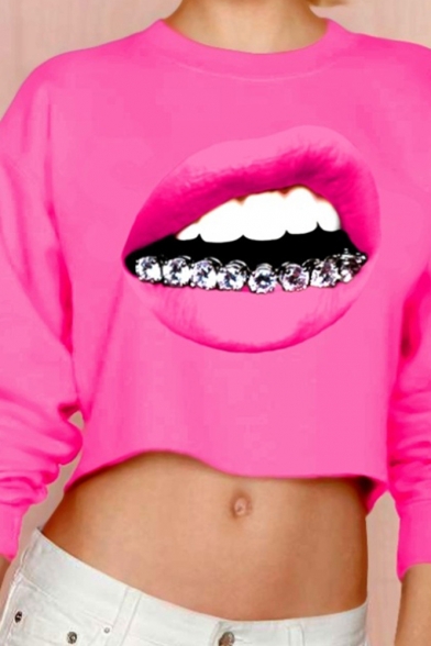 Diamond Mouth Print Long Sleeve Round Neck Cropped Sweatshirt