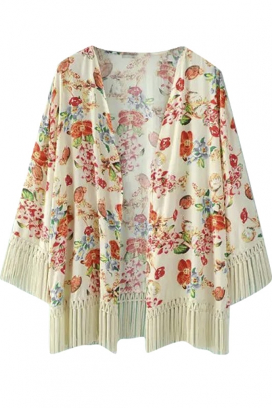 Floral Print Cocoon Neck Beige Tassel Hem Longline Kimono