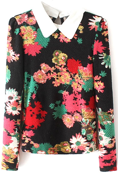 Floral Print Collared Long Sleeve Button Back Blouse