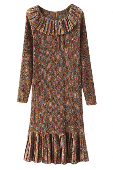 Floral Print Ruffle Detail Long Sleeve Pleated Tea Dress