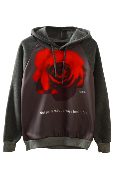 Gray Hooded Rose & Letter Print Raglan Sleeve Sweatshirt