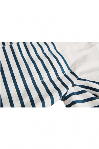 Lapel Stripes Button Down Long Sleeve Curved Hem Shirt