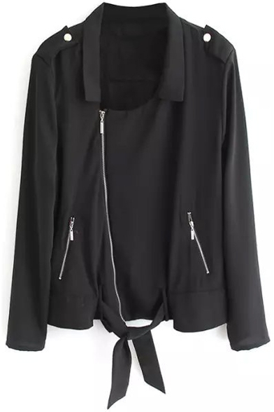 Plain Lapel Inclined Zipper Tie Front Black Coat