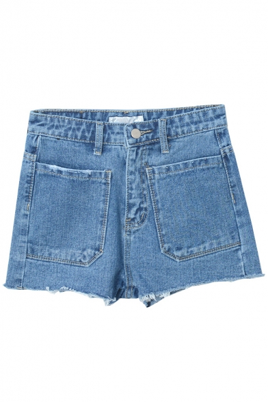 Plain Washed Old Zipper Fly Blue Raw Edge Hot Denim Shorts