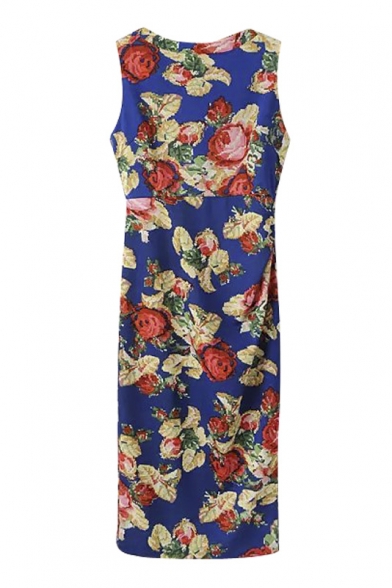Round Neck Sleeveless Slim Split Back Floral Print Maxi Dress