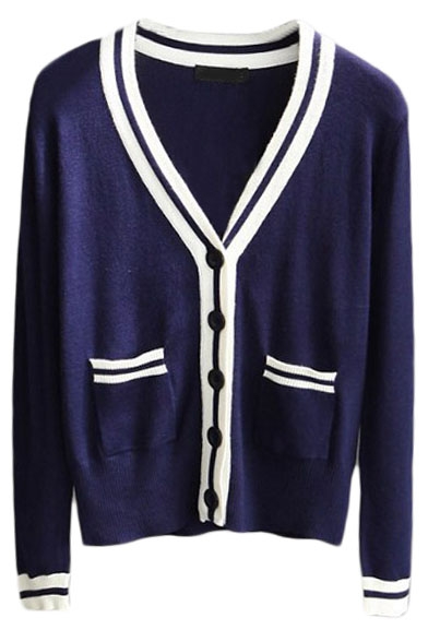 V-Neck Stripe Trims Double Pockets Long Sleeve Button Down Cardigan