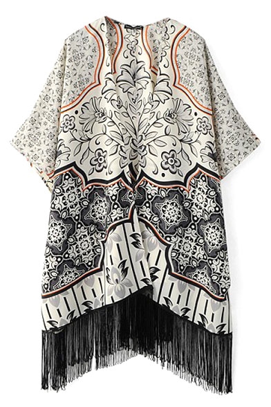 Vintage Floral Print Batwing Half Sleeve Tassel Hem Kimono