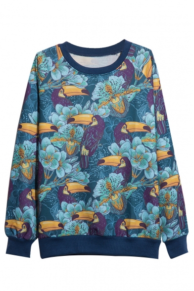 Crow & Floral Print Fleece Round Neck Long Sleeve Sweatshirt