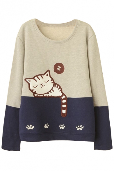 Cute Cat Embroidery Color Block Fleece Sweatshirt