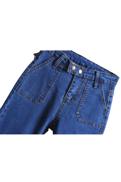 High Waist Pockets Double Buttons Plain Skinny Jeans