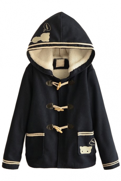 Hooded Cat Embroidery Horn Button Detail Lamb Wool Lining Tweed Coat