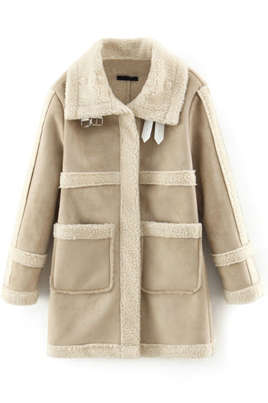 Lapel Lamb Wool Lining Patchwork Double Pockets Suede Coat