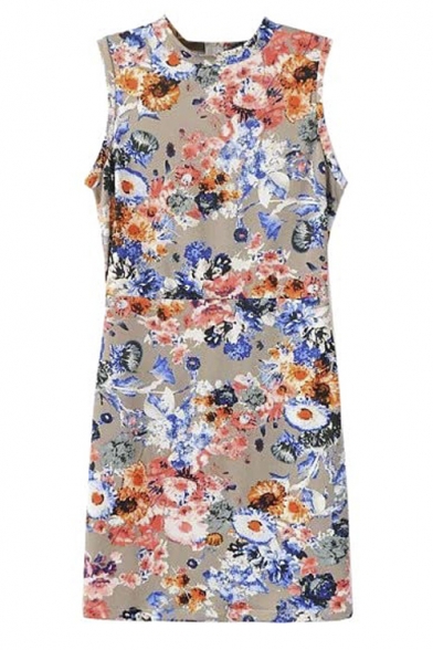 Round Neck Sleeveless Colored Floral Print Bodycon Dress
