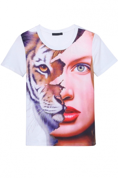 Tiger & Character Print Short Sleeve Round Neck Tee