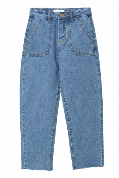 Blue High Waist Cropped Wide Leg Zipper Fly Jeans