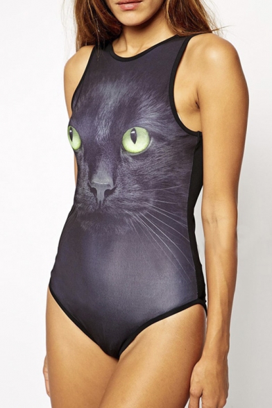 Cat Print Round Neck Sleeveless Bodycon Black Bodysuit