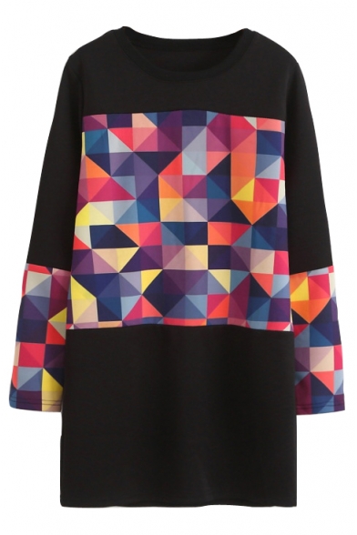 Colorful Geometric Print Color Block Tunic Sweatshirt