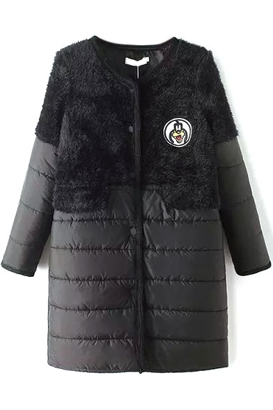 Faux Fur & Dog Patchwork Single Breasted Padded Coat