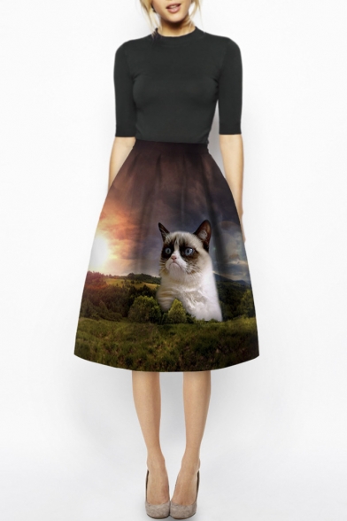 Huge Cat & Forest Print A-Line High Waist Midi Skirt