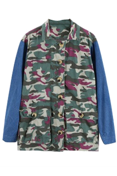 Lapel Single Breasted Camouflage Print Color Block Denim Coat