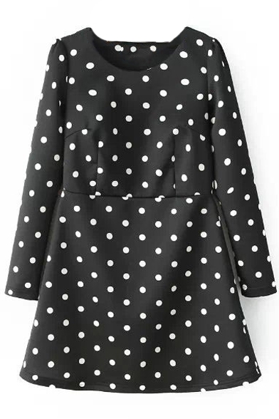 Polka Dot Round Neck Long Sleeve Black Short Winter Dress