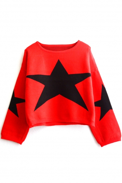 Round Neck Star Jacquard Color Block Cropped Sweater