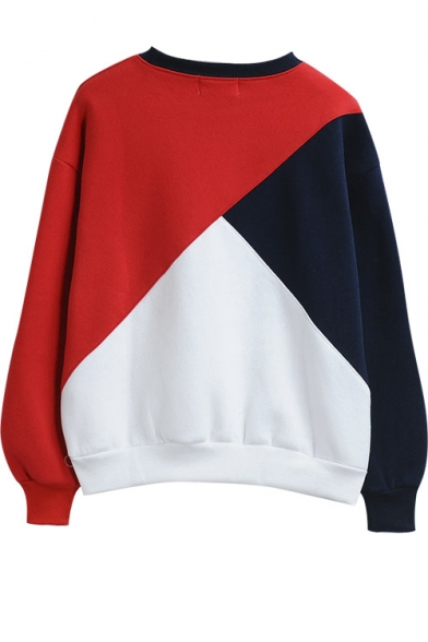 Color Block Patchwork Fleece Round Neck Pullover Sweatshirt ...