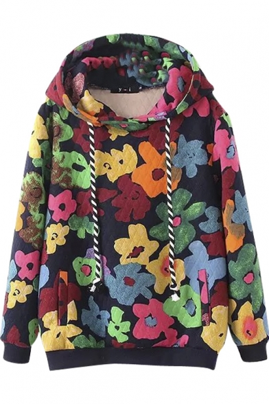Colorful Floral Graffiti Hooded Long Sleeve Sweatshirt