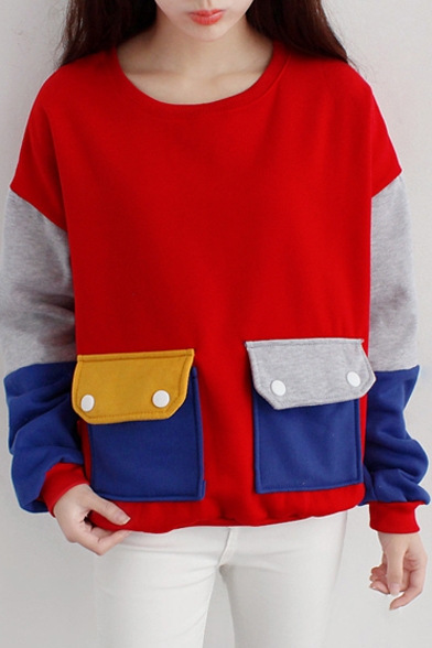 Double Pockets Color Block Velvet Plus Long Sleeve Sweatshirt