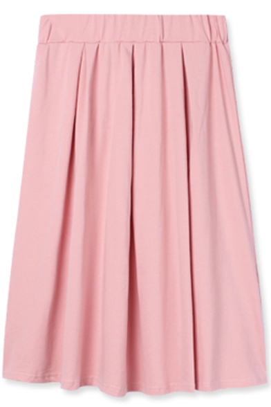 Elastic Waist Plain A-Line High Waist Midi Skirt - Beautifulhalo.com