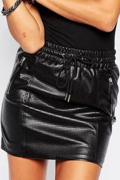 Eyelet Drawstring Waist Bodyccon Mini PU Skirt