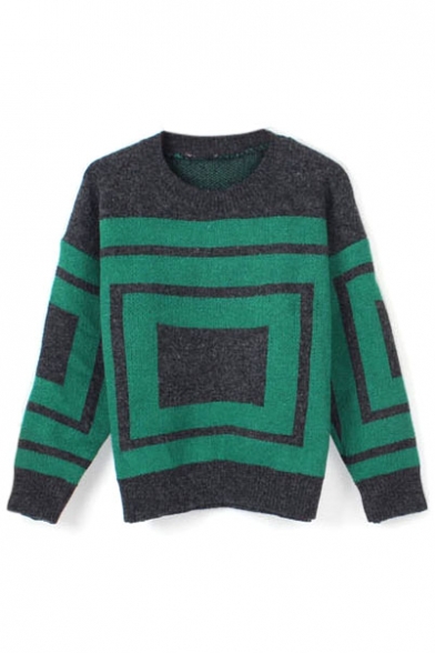 Geometric Color Block Round Neck Long Sleeve Sweater
