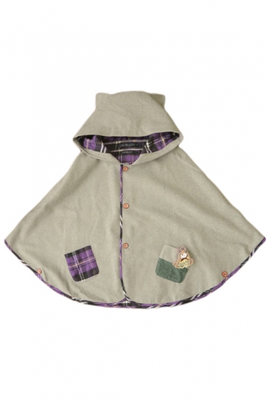 Hooded Button Down Tweed Plaid Lining Cute Patchwork Cape