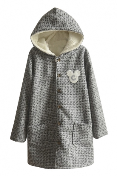 Hooded Single Breasted Cartoon Patchwork Wool Ling Coat