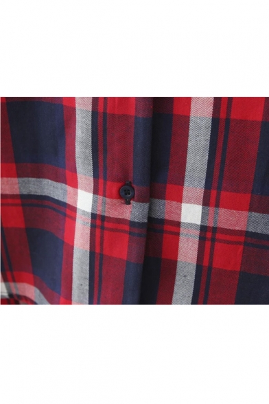 Lapel Single Pocket Dip Hem Plaid Button Down Shirt