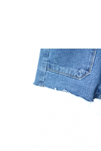 Plain Washed Old Zipper Fly Blue Raw Edge Hot Denim Shorts