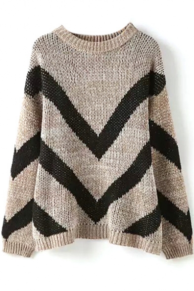Round Neck Chevron Jacquard Long Sleeve Pullover Sweater
